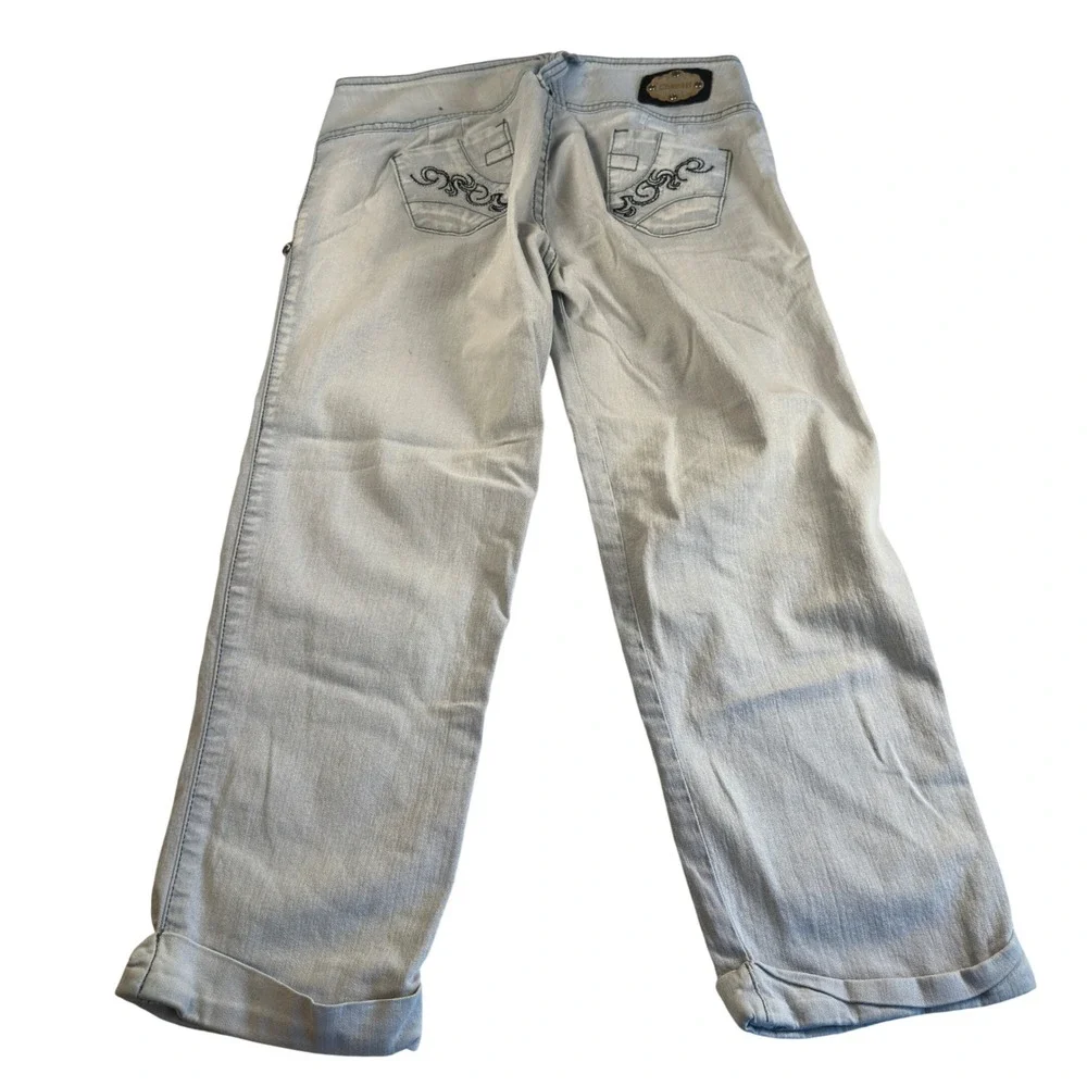 Y2K Capri Jeans Light Wash Colombian Denim Rhinestone Embroidered Low Rise Sz 10